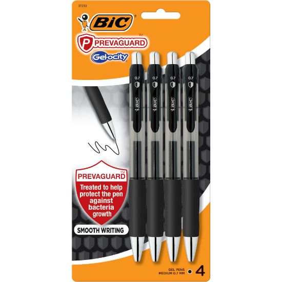 Picture of BIC Gel-ocity Prevaguard Gel Pens With Antimicrobial Additive, Medium Point, 0.7 mm, Clear Barrels, Black Ink, Pack Of 4 Pens