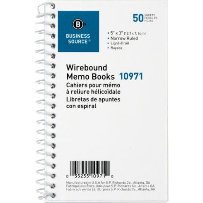 Picture of Business Source Side Wirebound Ruled Memo Book - 50 Sheet(s) - Wire Bound - 3in x 5in Sheet Size - White - 1 Dozen