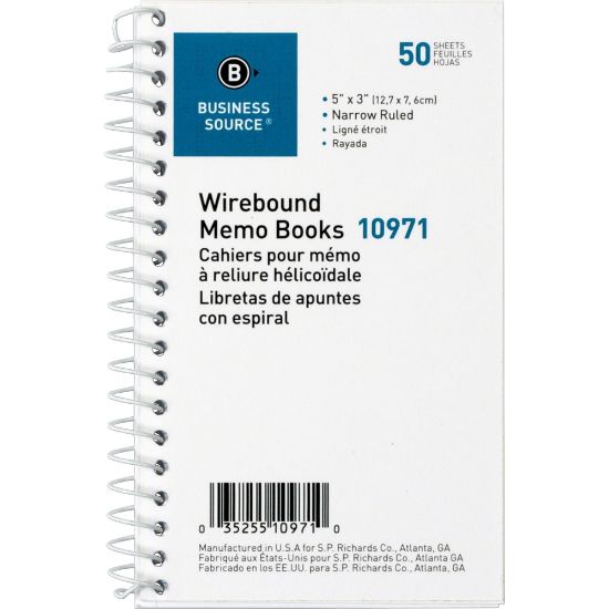 Picture of Business Source Side Wirebound Ruled Memo Book - 50 Sheet(s) - Wire Bound - 3in x 5in Sheet Size - White - 1 Dozen