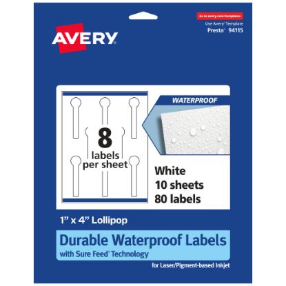 Picture of Avery Waterproof Permanent Labels With Sure Feed, 94115-WMF10, Lollipop, 1in x 4in, White, Pack Of 80