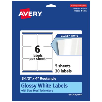 Picture of Avery Glossy Permanent Labels With Sure Feed, 94215-WGP5, Rectangle, 3-1/3in x 4in, White, Pack Of 30