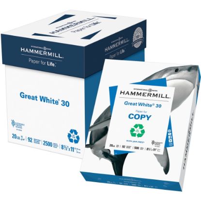 Picture of Hammermill Great White 30 Copy Paper, 5 Reams, White, Letter (8.5in x 11in), 2500 Sheets Per Case, 20 Lb, 92 Brightness