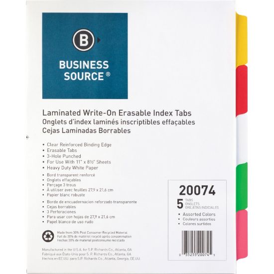 Picture of Business Source Laminated Write-On Tab Indexes - 5 Write-on Tab(s) - 5 Tab(s)/Set - 11in Tab Height x 8.50in Tab Width - 3 Hole Punched - Self-adhesive, Removable - Multicolor Mylar Tab(s) - Recycled