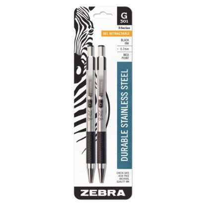 Picture of Zebra Pen G-301 Retractable Gel Pens, Pack Of 2, Medium Point, 0.7 mm, Silver Barrel, Black Ink