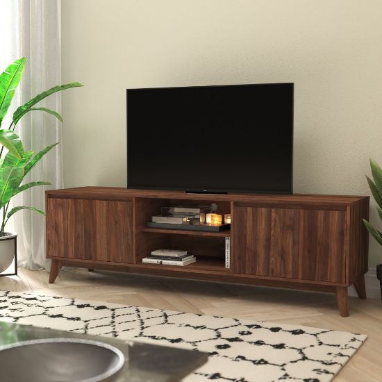 Picture of Flash Furniture Hatfield Mid-Century Modern TV Stand for 65+ Inch TVs - 70 Inch Media Center with Adjustable Center Shelf and Dual Soft Close Doors, Dark Walnut