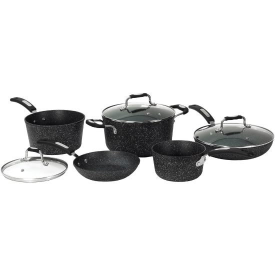 Picture of Starfrit The Rock 8-Piece Cookware Set with Bakelite Handles - 1.5 quart Saucepan, 3 quart Saucepan, 5 quart Stockpot, 8in Diameter Frying Pan, 10in Diameter Frying Pan, Lid - Aluminum Base, Plastic, Cast Stainless Steel - Cooking, Frying, Broiling