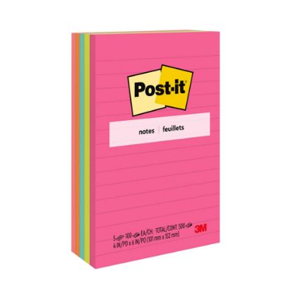 Picture of Post it Notes, 500 Total Notes, Pack Of 5 Pads, 4 in x 6 in, Lined, Poptimistic Collection, 100 Notes Per Pad