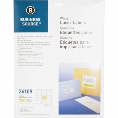 Picture of Business Source Bright White Premium-quality Address Labels - 1in Width x 2 5/8in Length - Permanent Adhesive - Rectangle - Laser, Inkjet - White - 30 / Sheet - 25 Total Sheets - 750 / Pack - Lignin-free, Jam-free