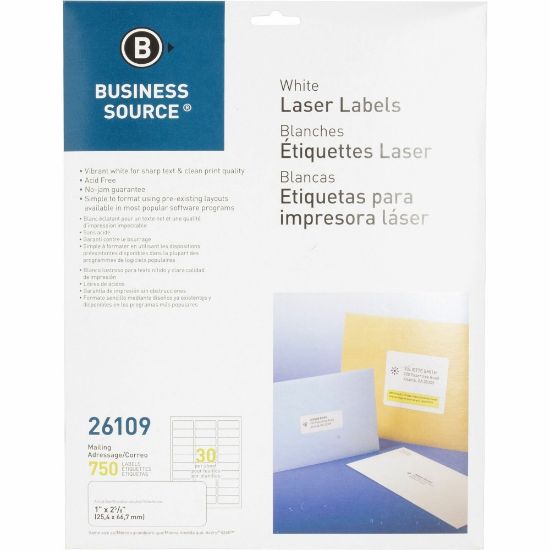 Picture of Business Source Bright White Premium-quality Address Labels - 1in Width x 2 5/8in Length - Permanent Adhesive - Rectangle - Laser, Inkjet - White - 30 / Sheet - 25 Total Sheets - 750 / Pack - Lignin-free, Jam-free