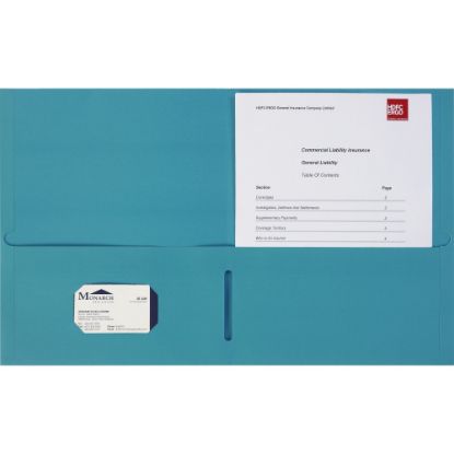 Picture of Business Source 8-1/2x11 Double Pocket Portfolio - Letter - 8 1/2in x 11in Sheet Size - 125 Sheet Capacity - 2 Inside Front & Back Pocket(s) - Paper Stock - Teal - 25 / Box