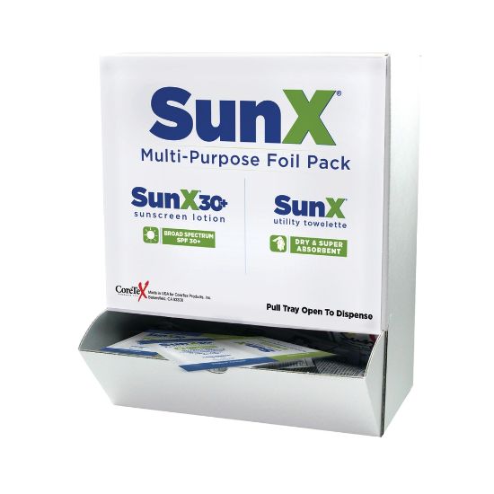 Picture of SunX SPF-30 Single-Use Sunscreen Lotion/Towelette Combo in Wallmount Dispenser, Box of 50