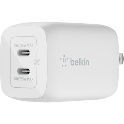 Picture of Belkin BoostCharge Pro Dual USB-C GaN Wall Charger with PPS 65W Laptop Chromebook Charging - Power Adapter - 65 W