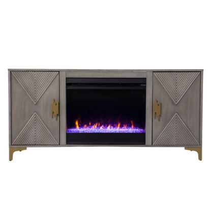 Picture of SEI Furniture Lantara Color-Changing Fireplace, 26-1/2inH x 56inW x 16-3/4inD, Graywash/Gold