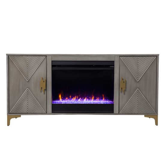 Picture of SEI Furniture Lantara Color-Changing Fireplace, 26-1/2inH x 56inW x 16-3/4inD, Graywash/Gold