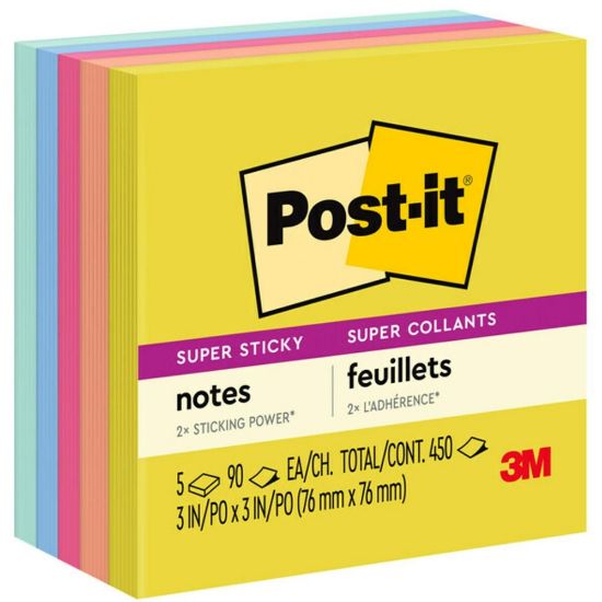 Picture of Post-it Super Sticky Notes, 3 in x 3 in, 5 Pads, 90 Sheets/Pad, 2x the Sticking Power, Summer Joy Collection