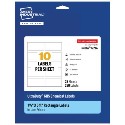 Picture of Avery Ultra Duty Permanent GHS Chemical Labels, 97216-WMU25, Rectangle, 1-1/2in x 3-3/4in, White, Pack Of 250