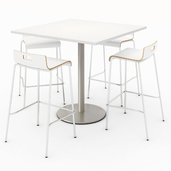 Picture of KFI Studios Square Bistro Pedestal Table With 4 Stacking Bar Stools, White