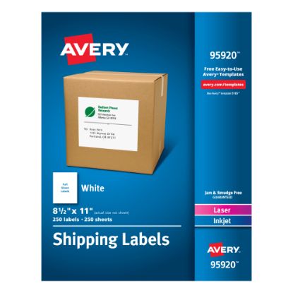 Picture of Avery Shipping Address Labels, 95920, Rectangle, Full Sheet Labels, White, Pack Of 250 Labels