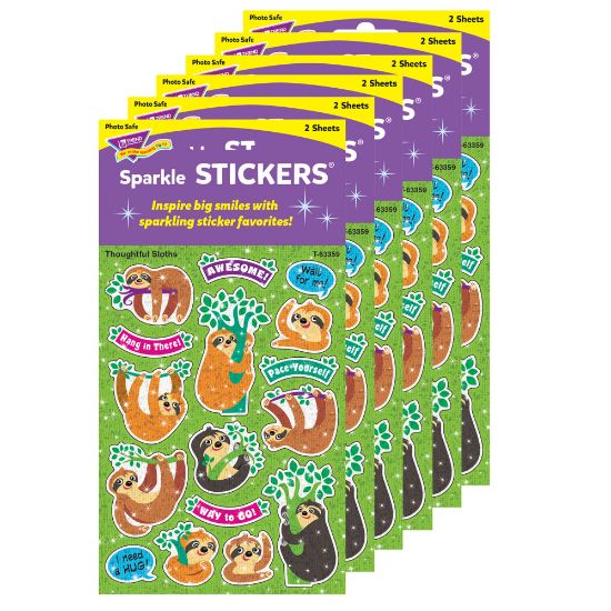 Picture of Trend Thoughtful Sloths Sparkle Stickers, Assorted Colors, 32 Stickers Per Pack, Set Of 6 Packs