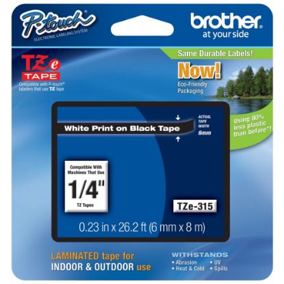 Picture of Brother TZ-315 White-On-Black Tape, 0.25in x 26.2ft