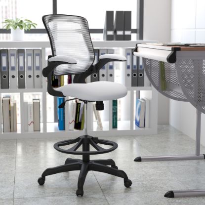 Picture of Flash Furniture Mid Back Mesh Ergonomic Drafting Chair with Adjustable Foot Ring and Flip-Up Arms, White