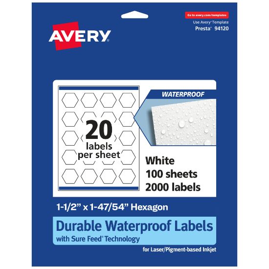 Picture of Avery Waterproof Permanent Labels With Sure Feed, 94120-WMF100, Hexagon, 1-1/2in x 1-47/54in, White, Pack Of 2,000