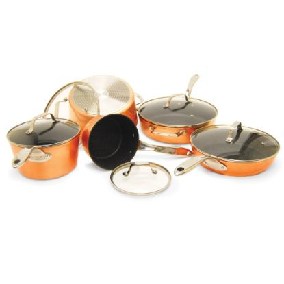 Picture of The Rock Cookware - 1.5 quart Saucepan, 3.1 quart Saucepan, 5.1 quart Stockpot, 10in Diameter Frying Pan, 11in Diameter Deep Frying, Lid - Stainless Steel Handle, Forged Aluminum Base, Copper - Cooking, Frying - Oven Safe - Bronze - Copper - 1 Piece