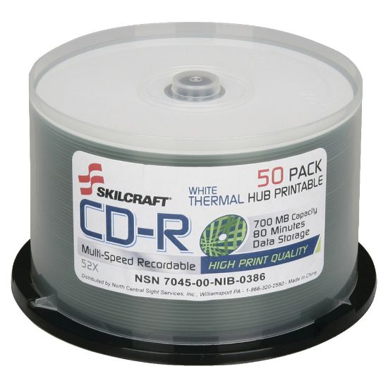 Picture of SKILCRAFT Thermal Printable 52x CD-R Discs, 50-Pack Spindle (AbilityOne 7045-01-626-9521)