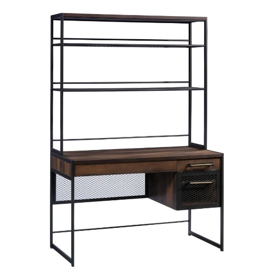 Picture of Sauder Briarbrook 48inW Computer Desk With Hutch And Filing Drawer, Barrel Oak/Black