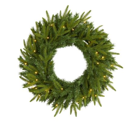 Picture of Nearly Natural 24inH Long Pine Artificial Christmas Wreath With 35 LED Lights, 24in x 4in, Green