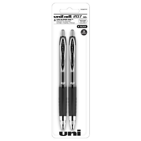 Picture of uni-ball Signo Gel 207 Retractable Gel Pens, Medium Point, 0.7 mm, Black Barrel, Black Ink, Pack Of 2