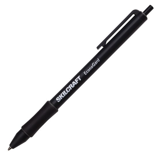 Picture of SKILCRAFT EconoGard Retractable Ballpoint Pens With Antimicrobial Protection, Medium Point, Black Barrel, Black Ink, Pack Of 12