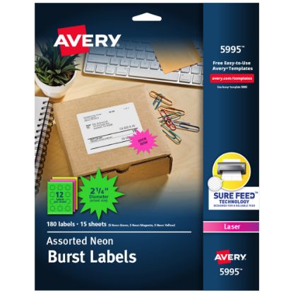 Picture of Avery Address Labels With Sure Feed For Laser Printers, 5995, Burst, 2-1/4in, Assorted Neon Colors, Pack Of 180