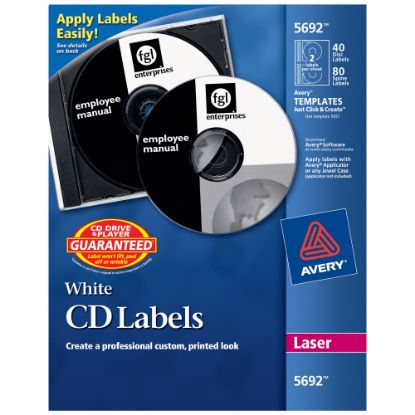 Picture of Avery CD/DVD Print-to-the-Edge Labels, 5692, Round, 4.65in Diameter, White, 40 Disc Labels And 80 Spine Labels