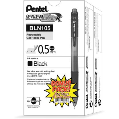 Picture of Pentel EnerGel-X Retractable Gel Pens, Pack Of 24, Fine Point, 0.5 mm, Black Barrel, Black Ink