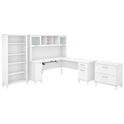 Picture of Bush Furniture Somerset 72inW L-Shaped Desk With Hutch, Lateral File Cabinet And Bookcase, White, Standard Delivery