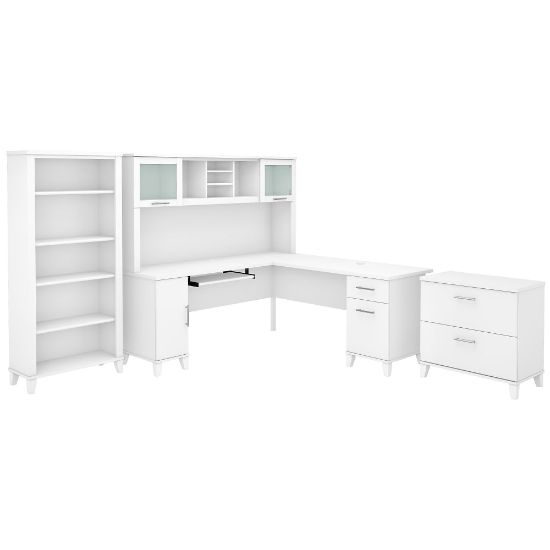 Picture of Bush Furniture Somerset 72inW L-Shaped Desk With Hutch, Lateral File Cabinet And Bookcase, White, Standard Delivery