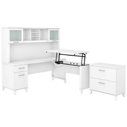 Picture of Bush Furniture Somerset 72inW 3-Position Sit-To-Stand L-Shaped Desk With Hutch And File Cabinet, White, Standard Delivery