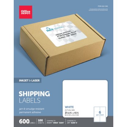 Picture of Office Depot Brand Inkjet/Laser Shipping Labels, Rectangle, 3 1/3in x 4in, White, Pack Of 600