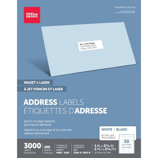 Picture of Office Depot Brand Inkjet/Laser Address Labels, Rectangle, 1in x 2 5/8in, White, Pack Of 3,000