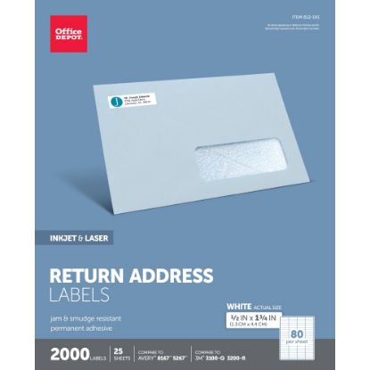 Picture of Office Depot Brand Inkjet/Laser Return Address Labels, Rectangle 1/2in x 1 3/4in, White, Pack Of 2,000