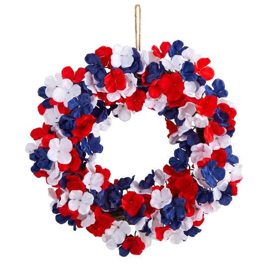 Picture of Nearly Natural Americana Patriotic Hydrangea 18inH Artificial Wreath, 18inH x 18inW x 4inD, Red/White/Blue