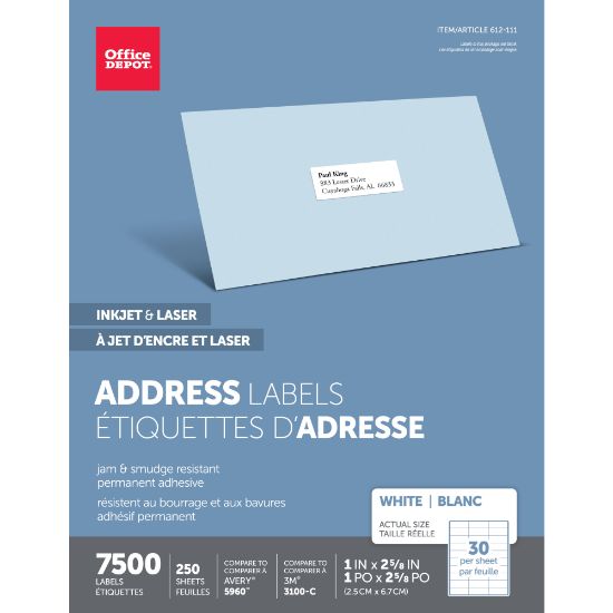 Picture of Office Depot Brand Inkjet/Laser Address Labels, Rectangle, 1in x 2 5/8in, White, Pack Of 7,500