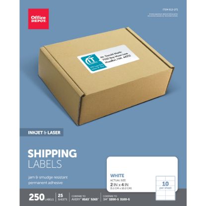 Picture of Office Depot Brand Inkjet/Laser Shipping Labels, Rectangle, 2in x 4in, White, Pack Of 250