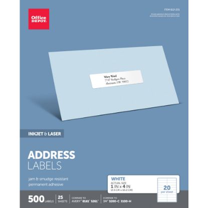 Picture of Office Depot Brand Inkjet/Laser Address Labels, Rectangle, 1in x 4in, White, Pack Of 500