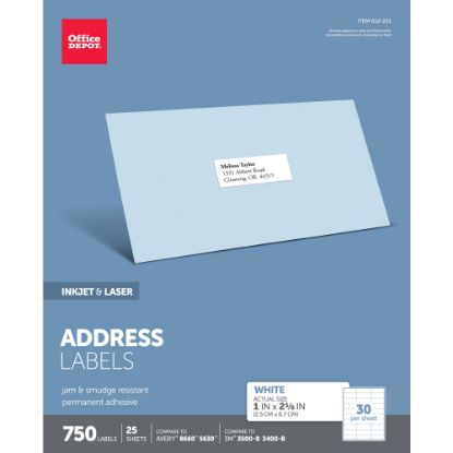 Picture of Office Depot Brand Inkjet/Laser Address Labels, Rectangle, 1in x 2 5/8in, White, Pack Of 750