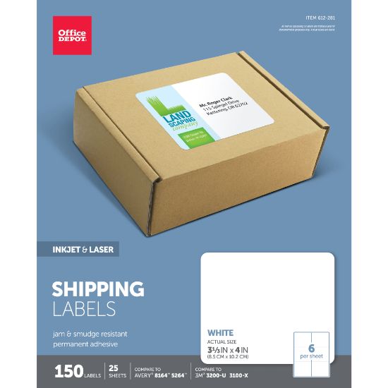 Picture of Office Depot Brand Inkjet/Laser Shipping Labels, Rectangle, 3 1/3in x 4in, White, Pack Of 150