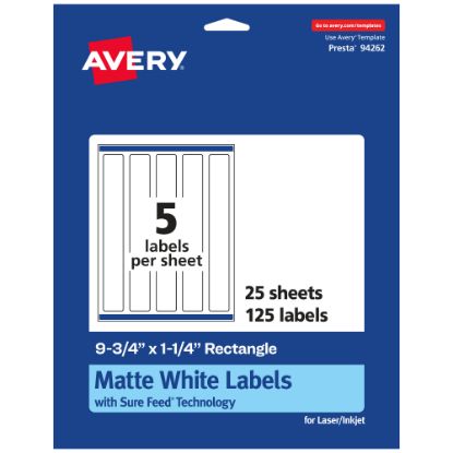 Picture of Avery Permanent Labels With Sure Feed, 94262-WMP25, Rectangle, 9-3/4in x 1-1/4in, White, Pack Of 125