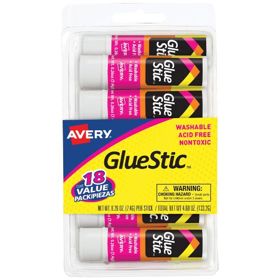 Picture of Avery Permanent Glue Stic Value Pack, White, 0.26 oz., Pack Of 18 Sticks