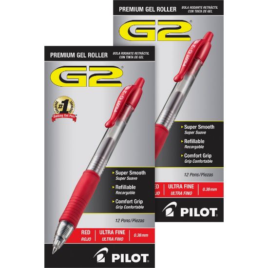 Picture of Pilot G2 Premium Gel Roller Retractable Pens - Ultra Fine Pen Point - 0.38 mm Pen Point Size - Refillable - Retractable - Red Gel-based Ink - Clear Barrel - 24 / Bundle